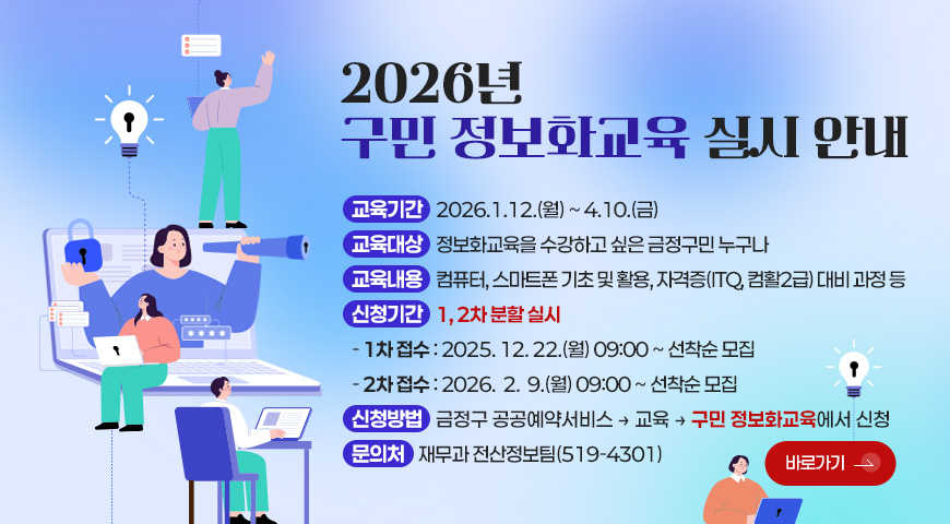 2026년
구민 정보화교육 실시 안내
교육기간 | 2026.1.12.(월) ~ 4.10.(금)
교육대상 | 정보화교육을 수강하고 싶은 금정구민 누구나
교육내용 | 컴퓨터, 스마트폰 기초 및 활용, 자격증(ITQ, 컴활2급) 대비 과정 등
신청기간 | 1, 2차 분할 실시
- 1차 접수 : 2025. 12. 22.(월) 09:00 ~ 선착순 모집
- 2차 접수 : 2026. 2. 9.(월) 09:00 ~ 선착순 모집
신청방법 | 금정구 공공예약서비스 → 교육 → 구민 정보화교육에서 신청
문의처 | 재무과 전산정보팀(519-4301)