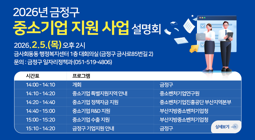 2026년 금정구
중소기업 지원 사업 설명회
2026.2.5.(목) 오후 2시
금사회동동 행정복지센터 1층 대회의실 (금정구 금사로85번길 2)
문의 : 금정구 일자리정책과 (051-519-4806)
시간표, 프로그램
(시간표)14:00 - 14:10 (프로그램)개회, 금정구
(시간표)14:10 - 14:20 (프로그램)중소기업 특별지원지역 안내, 중소벤처기업연구원
(시간표)14:20 - 14:40 (프로그램)중소기업 정책자금 지원, 중소벤처기업진흥공단 부산지역본부
(시간표)14:40 - 15:00 (프로그램)중소기업 R&D 지원, 부산지방중소벤처기업청
(시간표)15:00 - 15:20 (프로그램)중소기업 수출 지원, 부산지방중소벤처기업청
(시간표)15:10 - 14:20 (프로그램)금정구 기업지원 안내, 금정구
상세보기 >